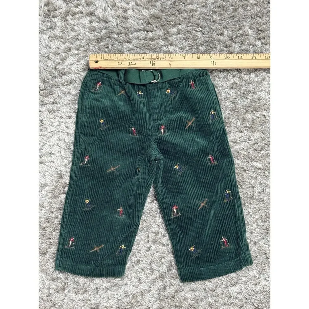 Ralph Lauren Baby 12M Green Corduroy Ski Skier Embroidered Pants Belted Unisex